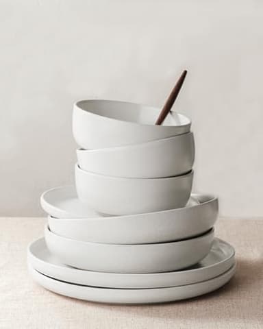 Famiware Milkyway Plates and Bowls Sets, 12 Pieces Dinnerware Sets, Reactive Glaze Dish Set, Stoneware Dishes Set for 4, Matte White - Image 8