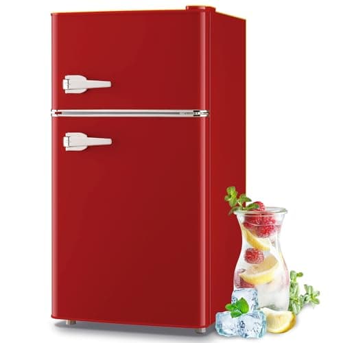 TACOOL 3.5 Cu.ft Refrigerator with Freezer Double Door Red Fridge Adjustable Glass Shelves, Plastic Crisper,7 Level Temperature Control Fridge for Dorm, Office, Apartment - Image 1