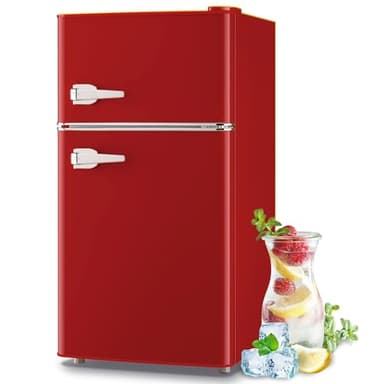 TACOOL 3.5 Cu.ft Refrigerator with Freezer Double Door Red Fridge Adjustable Glass Shelves, Plastic Crisper,7 Level Temperature Control Fridge for Dorm, Office, Apartment - Image 1