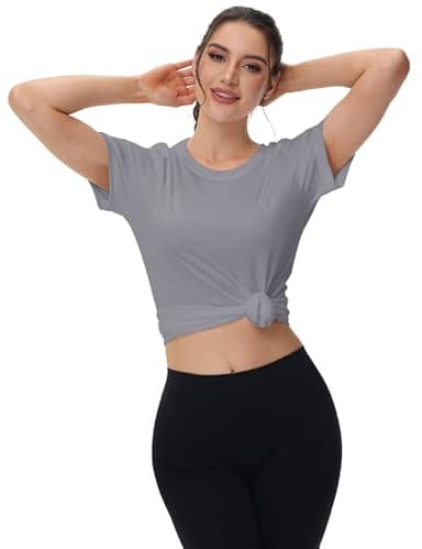 MAGCOMSEN Women Short Sleeve Rash Guard Shirts Athletic Workout Tops Quick Dry Hiking Shirts Women Tennis Activewear Tops Light Grey,XL - Image 4