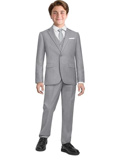 PACOROMANO Boys Suit Toddler Boy Light Gray Husky 7 Pcs Suspenders Suit Set Boys' Formal Suits Size 20 Kids Ring Bearer Outfit Suits Dress Clothes Tuxedo for Teenage Boy - Image 1