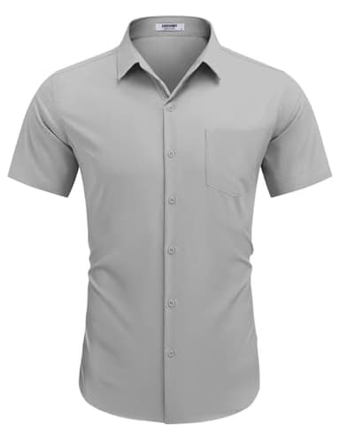 COOFANDY Mens Casual Dress Shirt Short Sleeve Business Attire Regular Fit Polyester Wrinkle Free Button Down Shirts with Pocket Light Grey Gray Large - Image 2