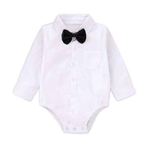 SOBOWO Baby White Collared Shirt Infant Boys Christening Formal Dress Shirt Bodysuit Long Sleeve Button Up One-Piece Romper Jumpsuit Wedding Party 0-24M(6-9 Months, White) - Image 1