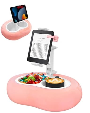 Tablet Pillow Stand, Compatible with 5"-12.9" Kindle, iPad, Phone/Tablet, Google, Samsung, 360° Rotating Phone Holder for Bed, Soft Plush Fabric, Detachable Bowl, Reading and Relaxation on Bed, Pink - Image 1