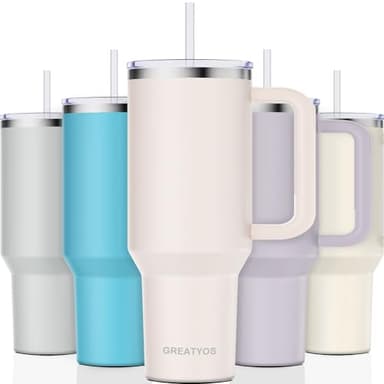 Greatyos 40 oz Tumbler with Handle and Straw Lid Insulated Tumblers Cups with Lids Straws Double Wall Vacuum Stainless Steel 40oz Tumbler Travel Mug Gifts for Men Women Him Her (Rose Quartz) - Image 1