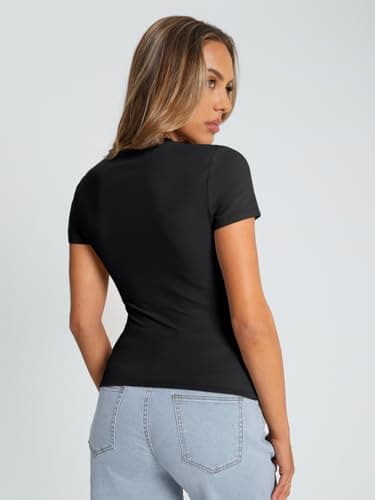 Trendy Queen Womens Basic T Shirts Summer Tops 2025 Crop Short Sleeve Slim Fit Tee Cute Gym Workout Clothes Black L - Image 4