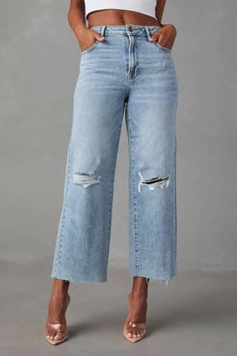 Allimy Women's High Rise Capris for Women Wide Leg Crop Jeans Baggy Y2K Clothing Light Wash Denim Blue Size 10 - Image 2