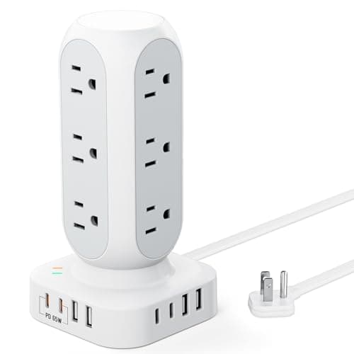 TenTrend 65W Fast Charging Station, Flat Plug Power Strip Tower with 12 AC Outlets & 8 USB Ports (2 PD USB-C Ports), 10FT Extension Cord, Compatible for MacBook Pro, iPhone Series. - Image 1