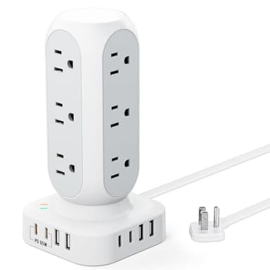 TenTrend 65W Fast Charging Station, Flat Plug Power Strip Tower with 12 AC Outlets & 8 USB Ports (2 PD USB-C Ports), 10FT Extension Cord, Compatible for MacBook Pro, iPhone Series. - Image 1
