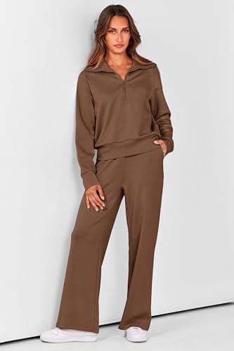 PRETTYGARDEN Womens 2 Piece Outfits Half Zip Sweatshirts And Palazza Pants Casual Fall Sweatsuits Sets (Brown,Small) - Image 2