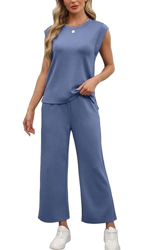 OFEEFAN 2 Piece Sets for Women Matching Sets Women Clothing Business Casual Outfits Spring Summer Loungewear Set Wide Leg Pants Beach Fashion Blue S - Image 5