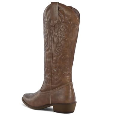 mysoft Women's Cowboy Boots Mid Calf Cowgirl Embroidered Western Pointed Toe Chunky Heel Pull On Knee High Boots - Image 5