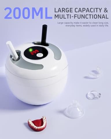 Dental Ultrasonic Retainer Cleaner Machine 45kHz, UV Denture Cleaner with 4 Modes Digital Timer, Portable 200ML UltraSonic Cleaning Pod for Night Mouth Guard, Aligner, Braces, Jewelry and More-White - Image 6