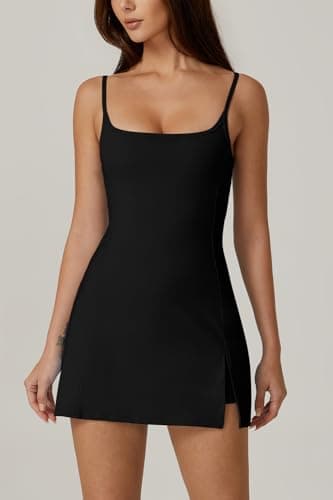 QINSEN Women Workout Tennis Dress with Built-in Shorts Spaghetti Strap Low Back Active Mini Dresses Black S - Image 2
