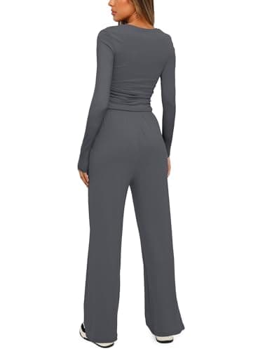 Darong Womens 2 Piece Outfit Long Sleeve Pullover Tops Wide Leg Pants Set Tracksuits 9065A Grey M - Image 2
