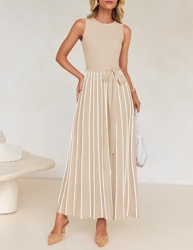 ZESICA Women's Summer Spring Midi Dress 2025 Sleeveless Ribbed Knit Tie Waist Casual A Line Sweater Dresses,Apricot,Small - Image 8