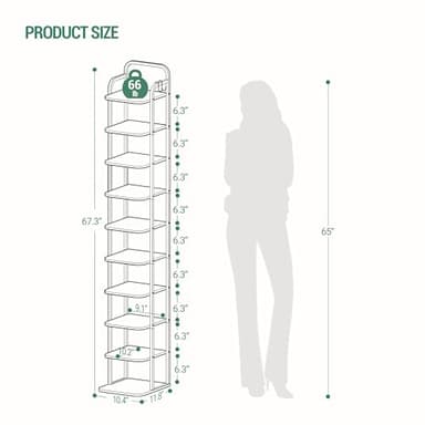 Hzuaneri 10 Tiers Vertical Shoe Rack, Narrow Shoe Tower, Tall Shoes Shelf with 2 Hooks, Adjustable Shelves, Corner Shoes Shelves for Small Spaces, Entryway, Living Room, Rustic Brown SR11201B - Image 2