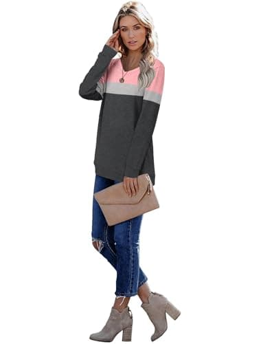 CRAZY GRID Womens Long Sleeve Tops Casual Fashion V Neck Sweatshirt Ladies Soft Loose Fit Color Block Fall Shirts Lightweight Plus Size Oversized 3XL Pink Gray - Image 3