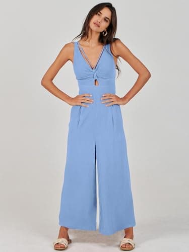 ANRABESS Women's Jumpsuits Summer Wide Leg Sleeveless V Neck Casual Dressy Linen Pants Rompers 2025 Vacation Beach Outfits Sky Blue Small - Image 9