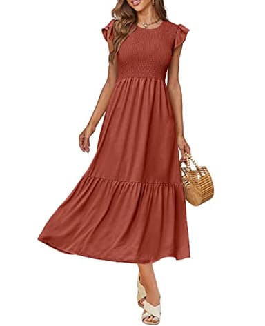 OFEEFAN Casual Dresses for Women Summer Maxi Dresses Ruffle Dress Cotton Dress Rust M - Image 3
