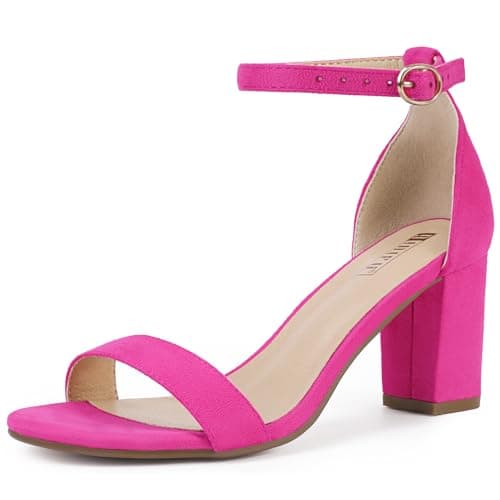 IDIFU Hot Pink Heels Chunky Block Low Heels Wedding Bridal Prom Dance Party Dress Shoes Open Toe Ankle Strap Heeled Sandals Dressy Comfortable Trendy Short Thick Summer Cute Heels(Hot Pink Suede, 7) - Image 1
