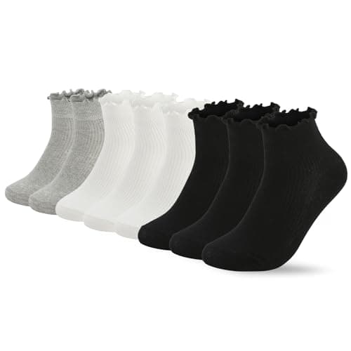 Fandecie Frilly Socks - 8 Pairs, Ruffle Ankle Socks for Girls & Women, Solid Color Lettuce Edge Comfort Breathable One Size 5-9, White, Black & Grey - Image 1