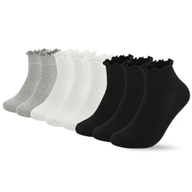 Fandecie Frilly Socks - 8 Pairs, Ruffle Ankle Socks for Girls & Women, Solid Color Lettuce Edge Comfort Breathable One Size 5-9, White, Black & Grey - Image 1