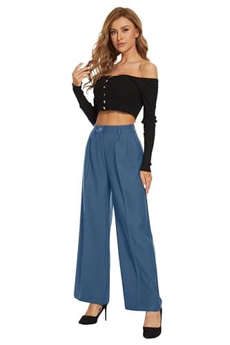 KICZOY Women's Wide Leg High Waist Pants Loose Fit Back Elastic Waist Pleated Front Trousers for Work Casual - Image 2