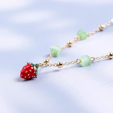 Da Piao Liang Strawberry Necklace Earrings With Green Cat'S Eye Stone - Beaded Choker Necklace Bracelet For Women Unique Graduation Gift (Style 1) - Image 6