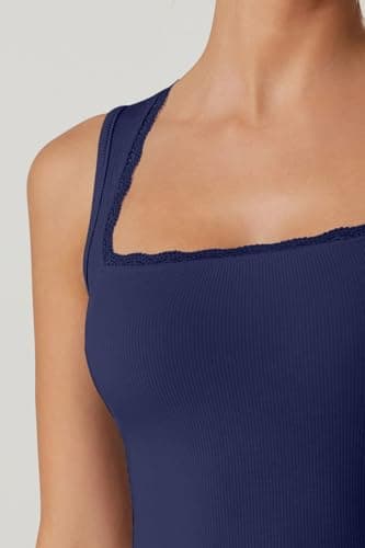 QINSEN Women's Square Neck with Lace Detail Long Maxi Dress Sleeveless Lounge Ribbed Full Length Dresses Navy S - Image 5