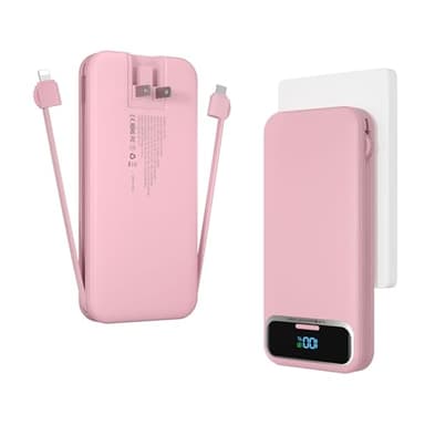 12000mAh Lightweight-Portable-Charger-Power-Bank with Built-in Cables and AC Wall Plug, PD20W USB-C Fast Charging Battery Pack, LED Display External Travel Phone Charger for All iPhone,Samsung,Android - Image 1