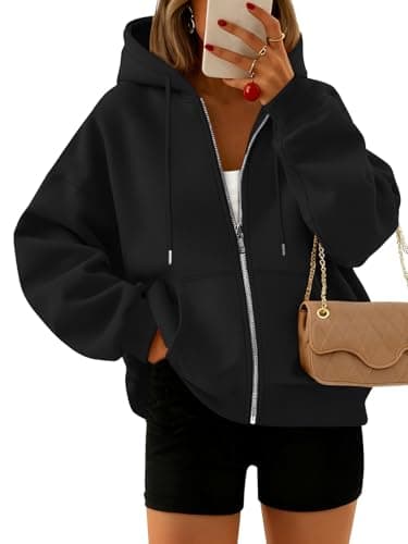 Trendy Queen Zip Up Hoodies For Women Oversized Sweatshirts Fall Fashion Outfits 2025 Cropped Pullover Sweaters Y2k Fleece Jackets Comfy Gym Tops Teen Girls Clothes Black S - Image 1