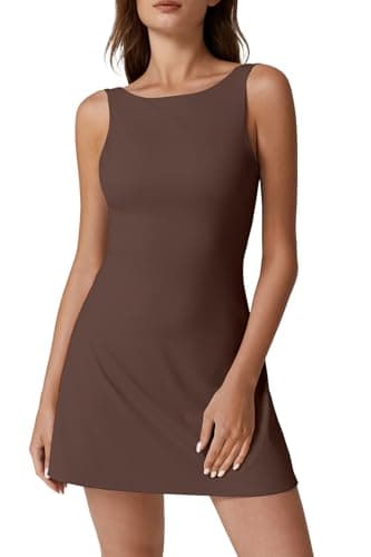 QINSEN Boat Neck Workout Dress for Women Open Back Sleeveless Tennis Dress Built in Shorts Chestnut XL - Image 1