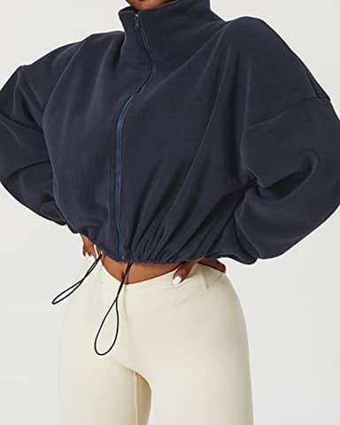 QINSEN Women's Full Zip Fleece Jacket Stand Collar Winter Warm Cropped Outwear Baggy Sherpa Short Coat Navy M - Image 6
