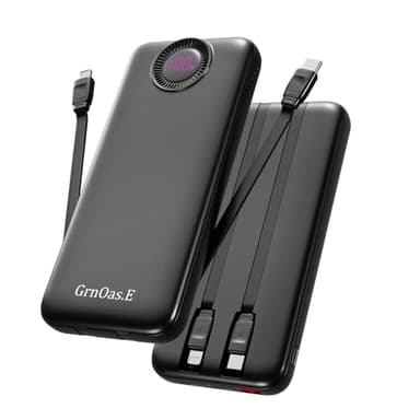 GrnOas.E Power Bank,10000mAh 22.5W Max Portable Charger Built in Cables，4 Outputs 2 Inputs External Phone Powerbank,5V/3A Fast Charging Travel Charger for iPhone Android iPad,(Pearl Black) - Image 1