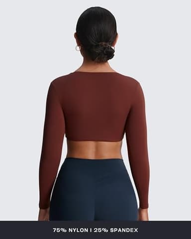 Aoxjox Long Sleeve Crop Tops for Women Sienna Twist Deep V Workout Cropped T Shirt Top (Rum Raisin, Small) - Image 3