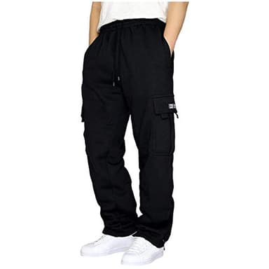 Lasjixion Men's Cargo Sweatpants Open Bottom Fleece Hiking Jogger Cargo Sweatpants for Men with Pockets Black - Image 1