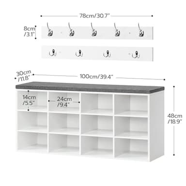 HOOBRO Shoe Storage Bench with Cushion, 39.4" L Entryway Bench with 12 Cubbies, Entryway Hall Tree with Storage, Cubby Shoe Rack Bench with Coat Rack for Hallway, Holds up to 330 lb, White WT112HX01 - Image 3