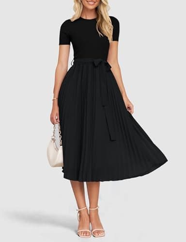 ZESICA Womens 2025 Summer Short Sleeve Midi Dresses Casual Crew Neck Knit Belted Pleated A Line Flowy Wedding Guest Dress,Black,Large - Image 9