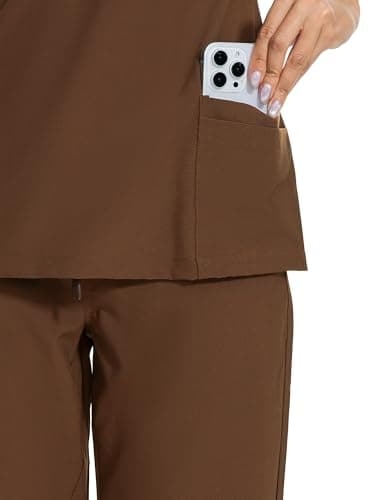 COZYFIT Scrubs for Women Set - Stretch V-Neck Scrub Top & Jogger Pant with 8 Pockets, Yoga Waistband, Anti Wrinkle, Slim Fit Women Scrubs - Brown, XXL - Image 5