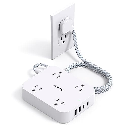 Flat Plug Extension Cord, HANYCONY 5ft Power Strip with 4 USB Ports(2 USB C), 4 Widely Outlets Extender, Wall Mount, Desk Charging Station for Office School Travel Dorm Room Essentials, ETL Listed - Image 1