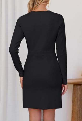 MEROKEETY Women's Fall 2025 Long Sleeve Bodycon Sweater Dress Button Crew Neck Winter Formal Mini Dresses, Black, Large - Image 4