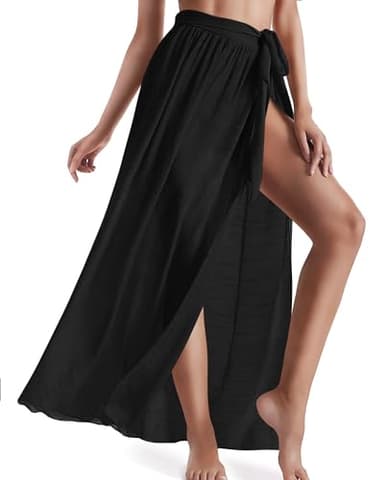 Eicolorte Womens Sarongs for The Beach Bathing Suit Swim Cover Up Tie Maxi Long Wrap Skirt (Black-US 4-12) - Image 1