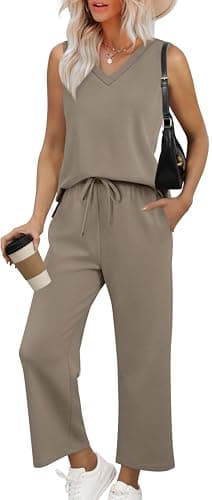 XIEERDUO Two Piece Sets for Women Summer Lounge Matching Sets Travel Vacation Cruise Outfits V Neck Tops Wide Leg Pants Sets 2025 Brown S - Image 2