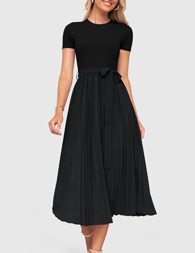 ZESICA Womens 2025 Summer Short Sleeve Midi Dresses Casual Crew Neck Knit Belted Pleated A Line Flowy Wedding Guest Dress,Black,Large - Image 8