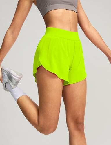 Soothfeel High Waisted Athletic Running Shorts for Women Dolphin Shorts High Split Quick Dry Gym Workout Shorts with Liner (Fluorescent Green, XS) - Image 2