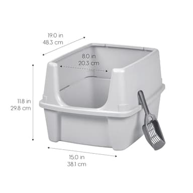IRIS USA Large Cat Litter Box with Scatter Shield and Scoop, Open Top High Sided Cat Litter Pan, Silver - Image 2