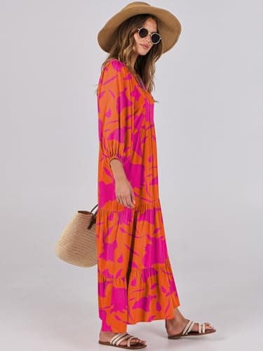 ANRABESS Womens Boho Maxi Dresses 2025 Summer V Neck Puff Sleeve Floral Flowy Swing Casual Long Dress Orange Rose Floral XX-Large - Image 3