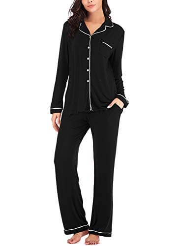 knit Pajamas for Women Long Sleeve Button Down Sets Black S - Image 2
