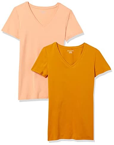 Amazon Essentials Women's Regular-Fit Short-Sleeve V-Neck T-Shirt, Pack of 2, Coral Orange/Golden Yellow, Small - Image 1
